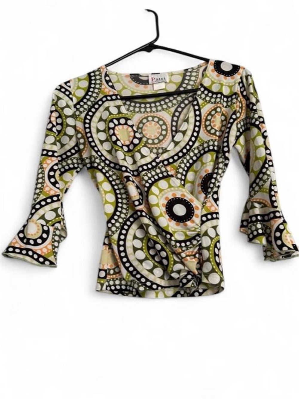 Vintage Patri Olive & Black Printed Twist-Front V-Neck Blouse size S